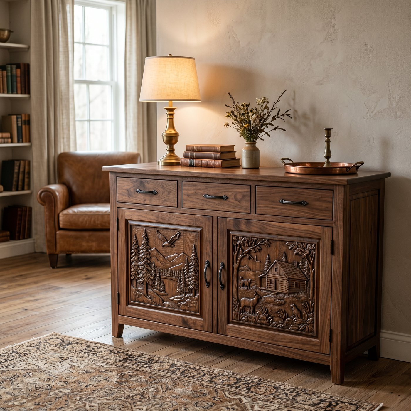 Custom-Carved Walnut Sideboard